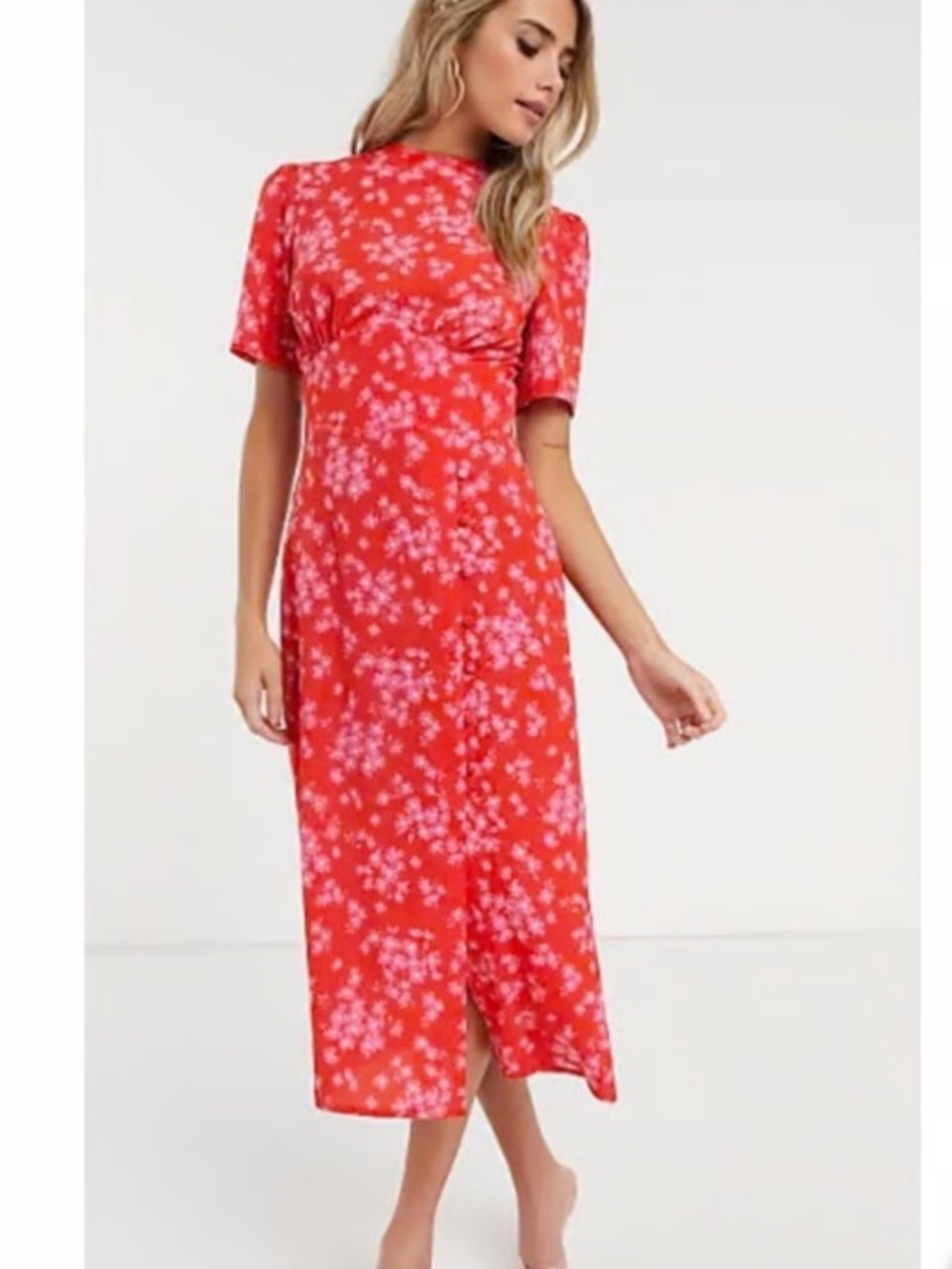 ASOS Red & Pink Floral Midi Dress with Short Sleeves and button detail size US 8